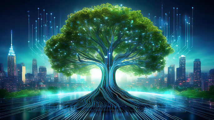 A majestic tree with glowing circuits embedded in its roots and branches, symbolizing the fusion of biotechnology and innovation, set against a backdrop of a futuristic city skyline showcasing the integration of nature and technology.