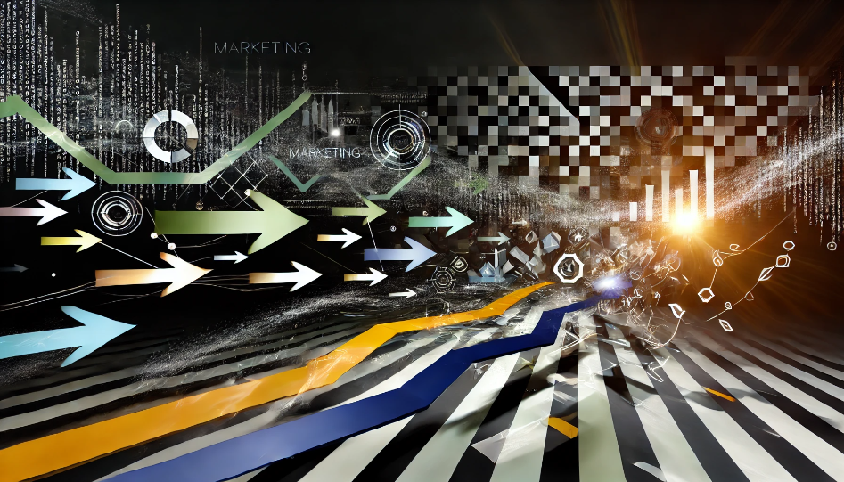 Abstract depiction of marketing growth with bold arrows, upward graphs, and digital symbols, symbolizing innovation and resilience in challenging times.