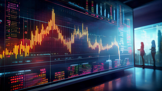 A stock market display showing a fluctuating graph with sharp rises and falls in share prices, accompanied by market data and financial indicators in a modern office setting.