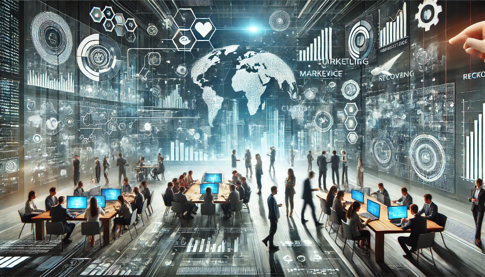 A modern business environment with professionals using digital tools, engaging in teamwork, and making data-driven decisions to drive growth and recovery in a futuristic office setting.