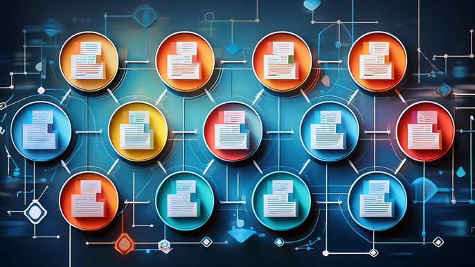 Visual representation of interconnected business documents and letters, illustrating the flow of written communication in a corporate environment.