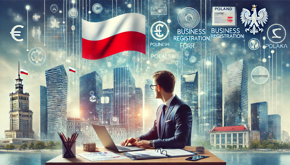 Foreign entrepreneur working on a laptop with a modern Polish cityscape in the background, highlighting business registration and support for foreign businesses