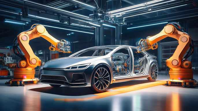 A futuristic car prototype being assembled by robotic arms in a high-tech facility, symbolizing the integration of automobile and mechatronics engineering in developing advanced vehicles with autonomous driving capabilities.