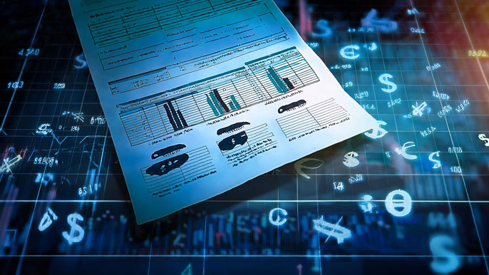A detailed credit rating report overlaid on a background of financial graphs and currency symbols, representing the influence of credit ratings on global market stability and investment decisions.
