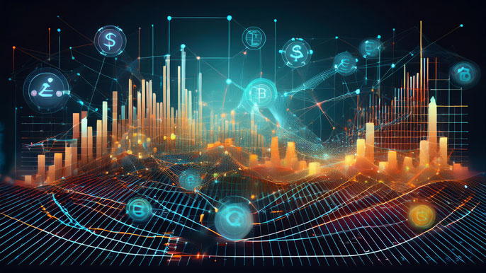A dynamic visualization of economic data flow with glowing charts, graphs, and currency symbols, representing the complex connections and equilibrium in global markets.