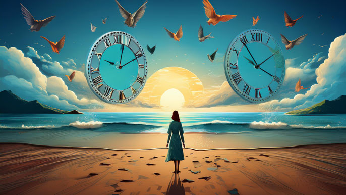 A figure stands on a beach under a sky with two giant clocks, surrounded by birds shaped like clock hands, symbolizing freedom from time constraints.