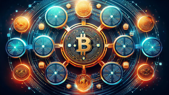 Abstract representation of various crypto tokens interconnected around a central Bitcoin symbol, symbolizing the diversity and roles of different cryptocurrencies within the blockchain ecosystem.