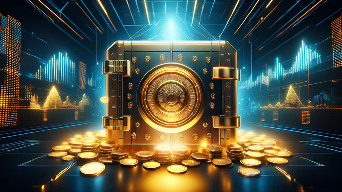A glowing digital vault surrounded by cryptocurrency coins, representing staking rewards and passive income growth.