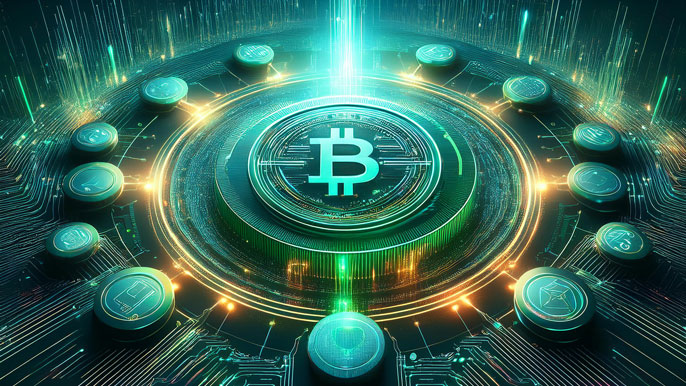 Futuristic representation of new crypto tokens launching in 2025, with various icons surrounding a central Bitcoin symbol, highlighting trends like DeFi, metaverse, and green blockchain technology.