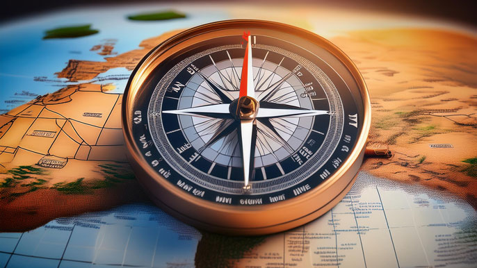 A modern compass resting on a world map, symbolizing the perfect balance of bleisure travel by merging work and leisure destinations.