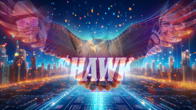 A digital hawk with glowing wings spreads over a futuristic blockchain city, symbolizing the rise of the Hawk Tuah crypto token.