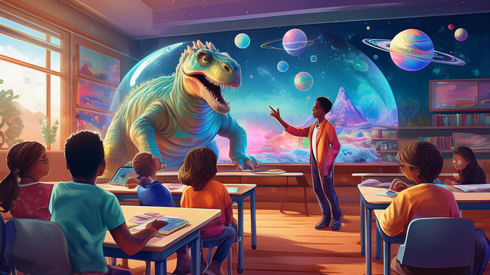 A classroom where students interact with a holographic dinosaur and solar system, showcasing the educational potential of holographic technology.