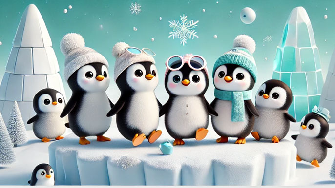 A group of cute cartoon penguins dressed in colorful costumes, standing together against a light blue background.