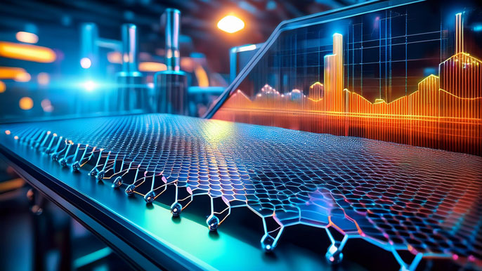Close-up view of a graphene sheet with intricate lattice patterns, futuristic market graphs glowing in the background, highlighting technology and investment synergy