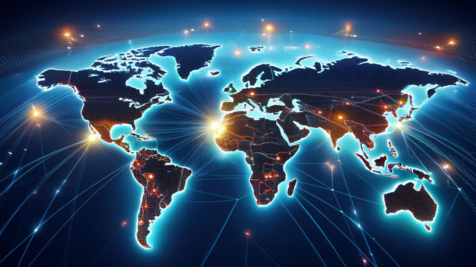 A glowing world map with highlighted countries and interconnected lines symbolizing the global remote workforce and collaboration.