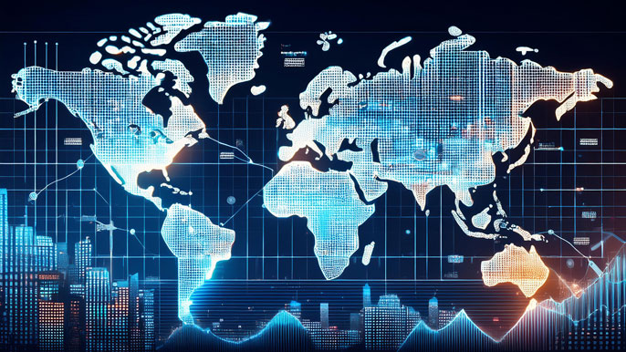 A world map with financial charts and stock market data overlaid, highlighting global stock exchanges and international investment opportunities.
