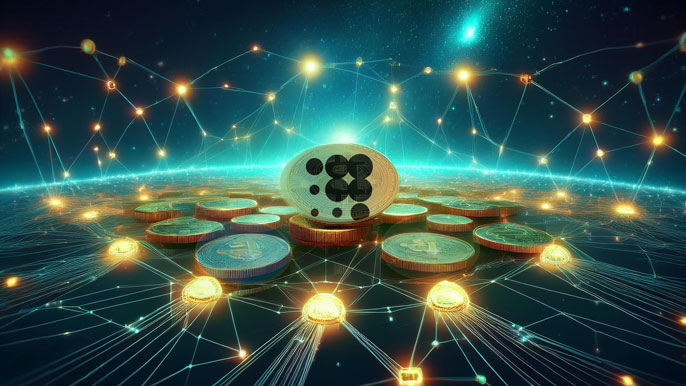 A glowing Prosper (PROS) token surrounded by interconnected cryptocurrency coins and digital networks, symbolizing decentralized finance and blockchain technology.
