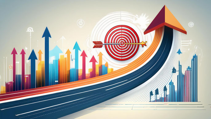 Abstract illustration of a business roadmap with an arrow leading to a target, symbolizing strategic goal alignment and progression.