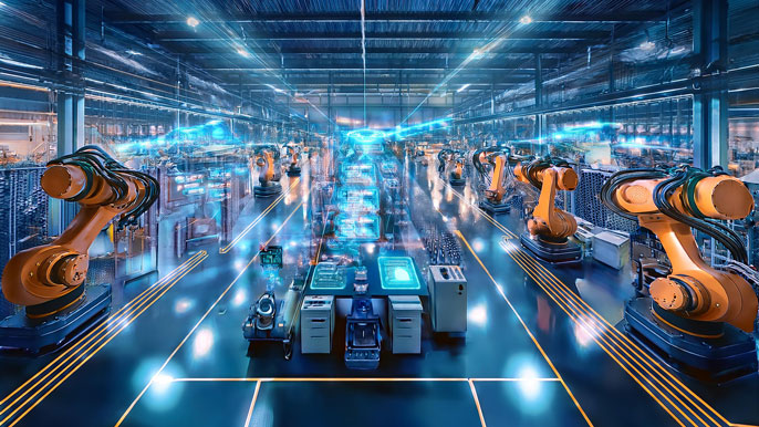 A high-tech smart factory with robotic arms, IoT sensors, and digital screens displaying real-time data, showcasing AIoT optimizing production and enhancing operational efficiency.