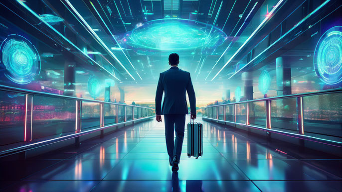 A futuristic airport with a business traveler walking through a glowing biometric gate, surrounded by holographic screens displaying travel and meeting updates.