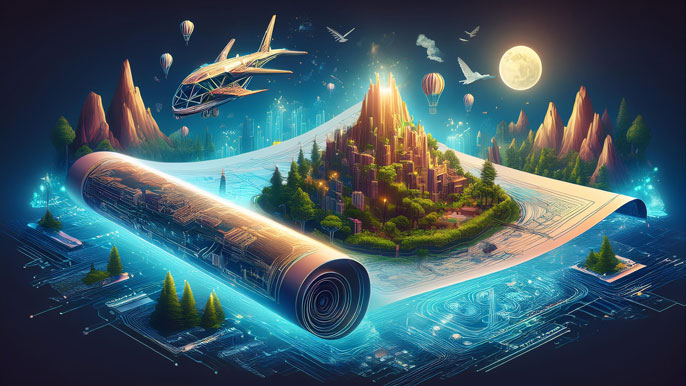 A glowing blueprint unfurls, revealing a futuristic city with lush greenery, surrounded by floating hot air balloons, mountains, and technological elements.