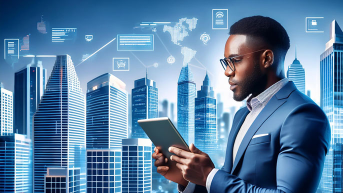A businessman in a suit holding a tablet, browsing commercial property listings on a real estate app, with a futuristic city skyline in the background. Digital icons and maps float around, symbolizing the use of technology for property investments.